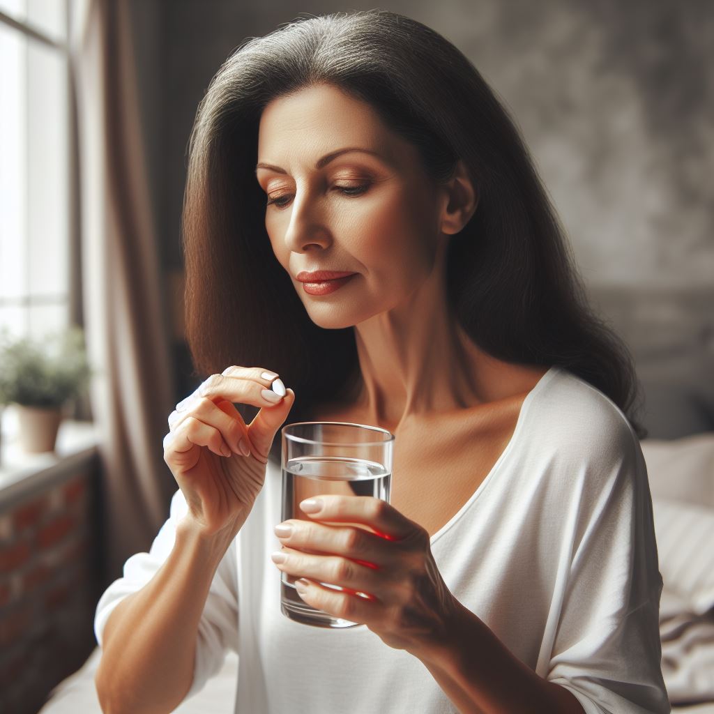 mulher senior tomando remédio - imagem criada pela IA